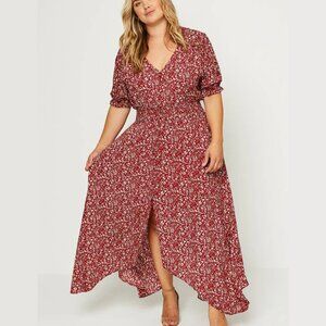 Curvy Floral Ruched Waist Maxi Dress - Red